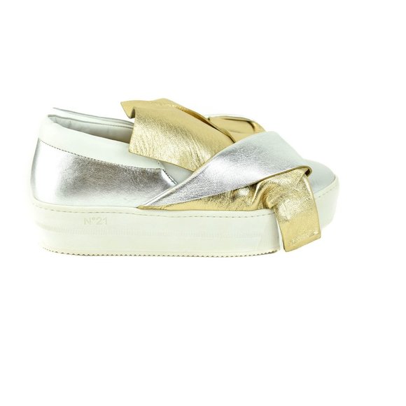 No21: Metallic Gold/Silver, Leather Bow Flatforms - Picture 5 of 11
